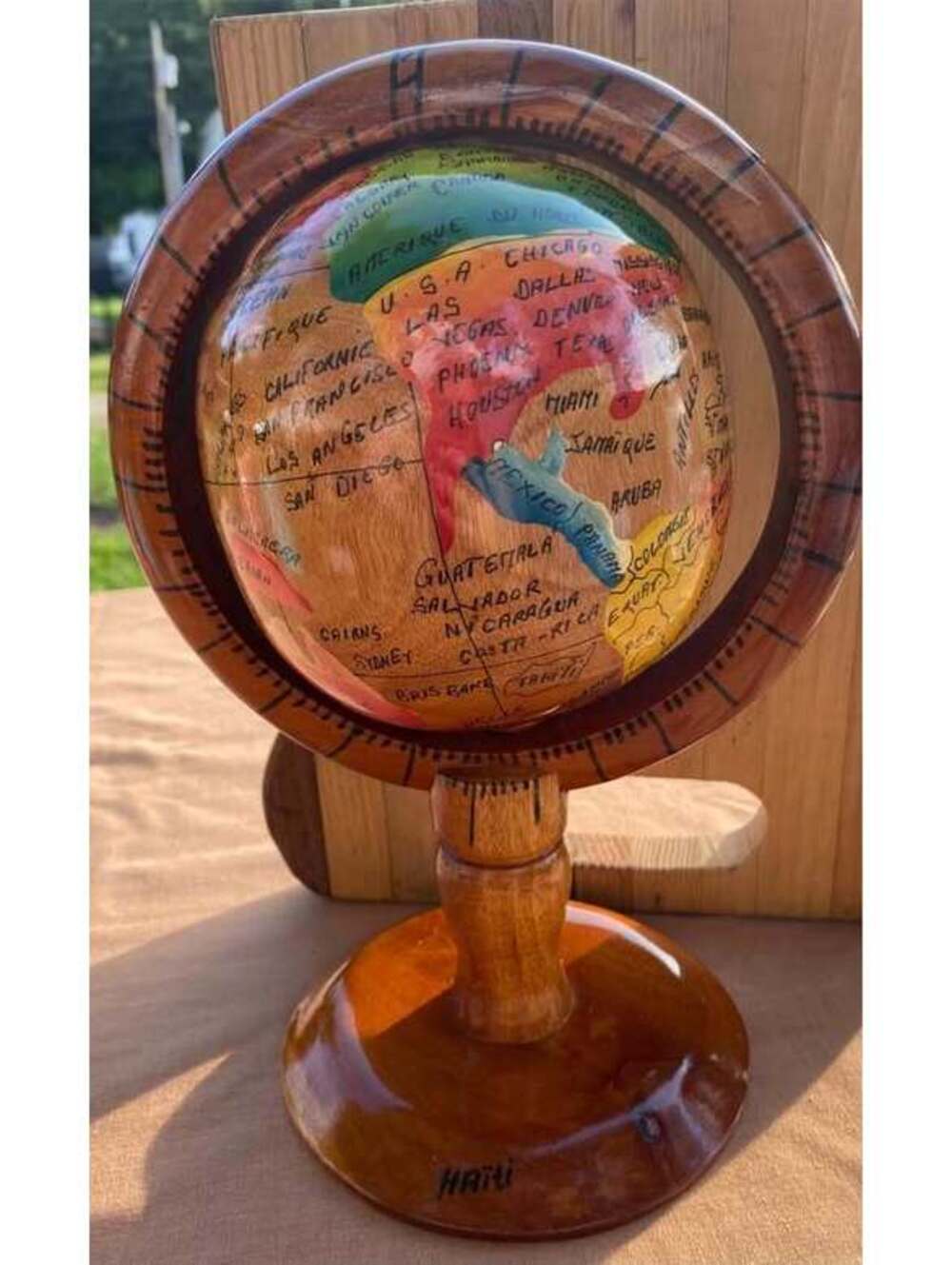Vintage Hand-Painted Wooden Globe from Haiti